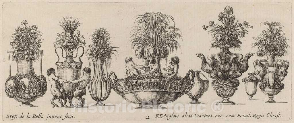 Art Print : Stefano Della Bella, Fantastic Vases, 1646 - Vintage Wall Art