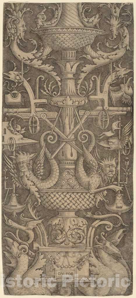 Art Print : Zoan Andrea, Ornament Panel with Dragons, Masks, and Instruments of War, c. 1505 - Vintage Wall Art