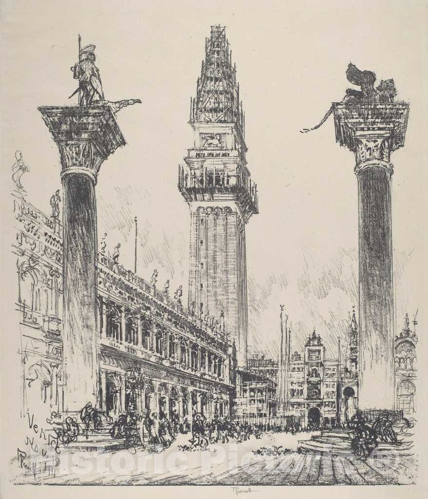 Art Print : Joseph Pennell, Venice, Rebuilding The Campanile, 1911 - Vintage Wall Art