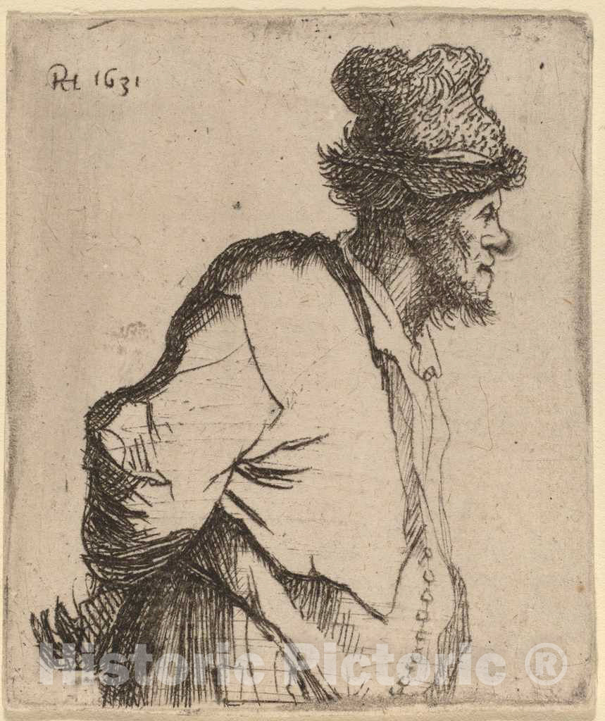 Art Print : Rembrandt, Peasant with His Hands Behind His Back, 1631 - Vintage Wall Art