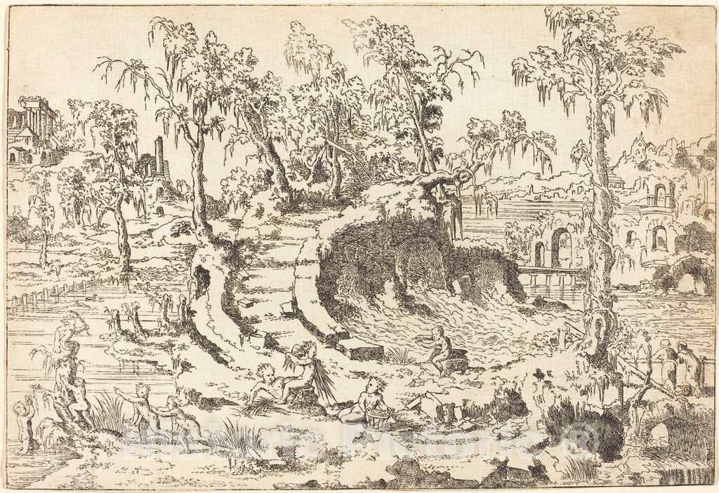 Art Print : Jean Cousin The Younger, Putti Playing in a Fanciful Landscape - Vintage Wall Art
