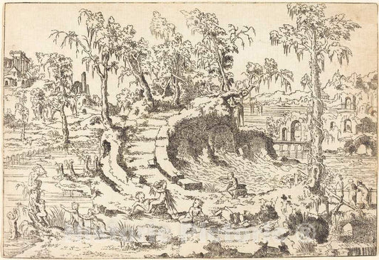 Art Print : Jean Cousin The Younger, Putti Playing in a Fanciful Landscape - Vintage Wall Art