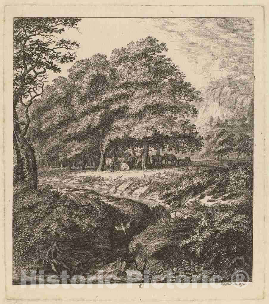 Art Print : Salomon Gessner, Cattle Resting in a Grove with a Man Seated Beside a Brook, 1764 - Vintage Wall Art