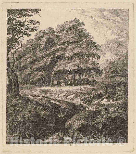 Art Print : Salomon Gessner, Cattle Resting in a Grove with a Man Seated Beside a Brook, 1764 - Vintage Wall Art