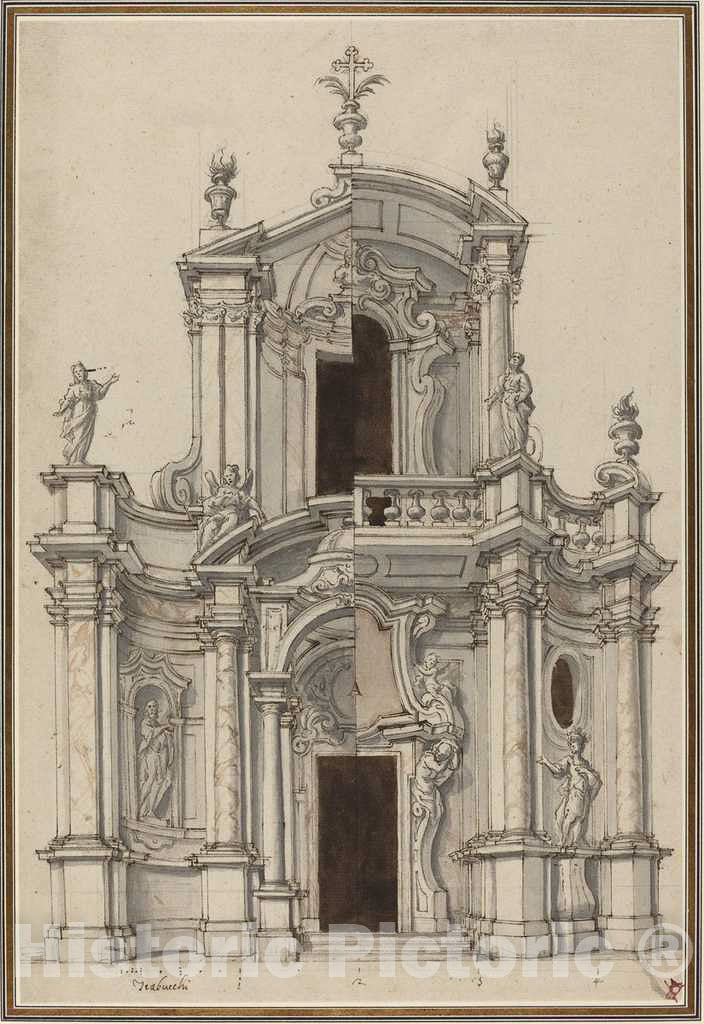 Art Print : Elevation for a Church Facade, with Alternatives, First Half 18th Century - Vintage Wall Art
