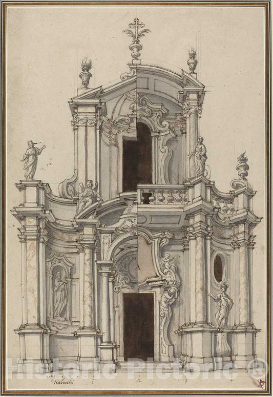 Art Print : Elevation for a Church Facade, with Alternatives, First Half 18th Century - Vintage Wall Art