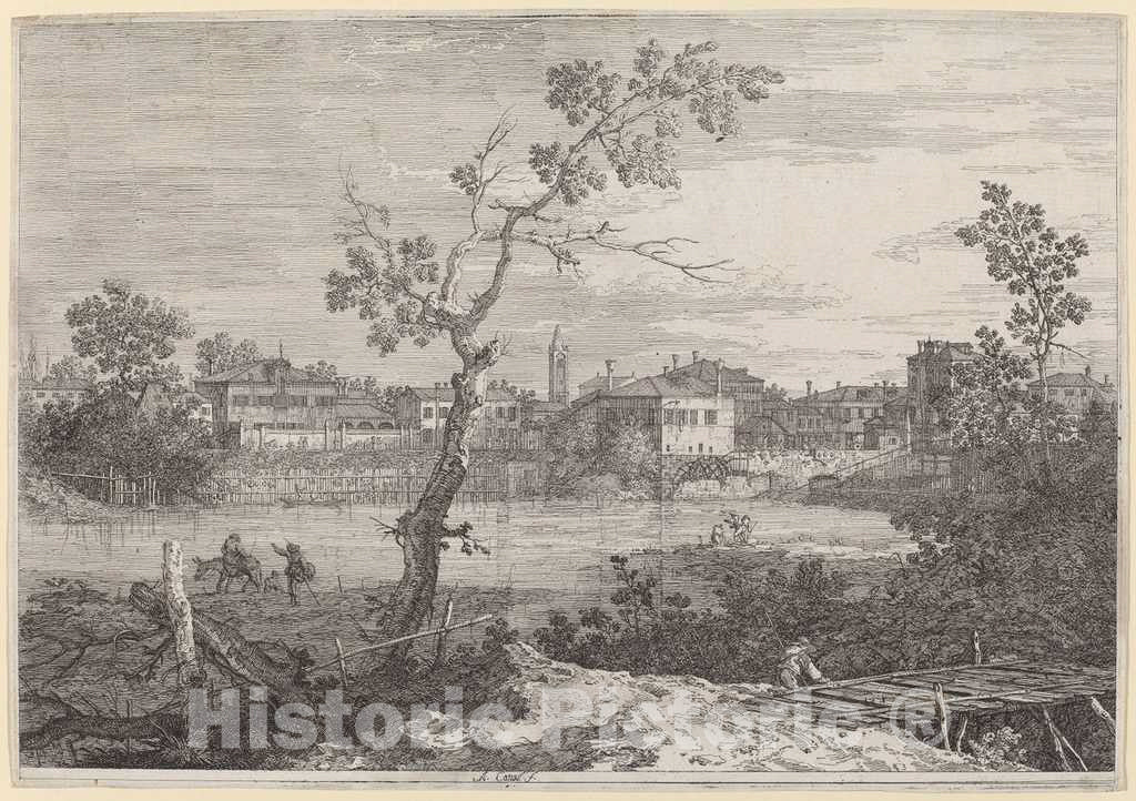 Art Print : Canaletto, View of a Town on a River Bank, c.1741 - Vintage Wall Art