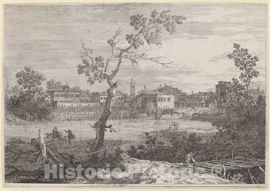 Art Print : Canaletto, View of a Town on a River Bank, c.1741 - Vintage Wall Art