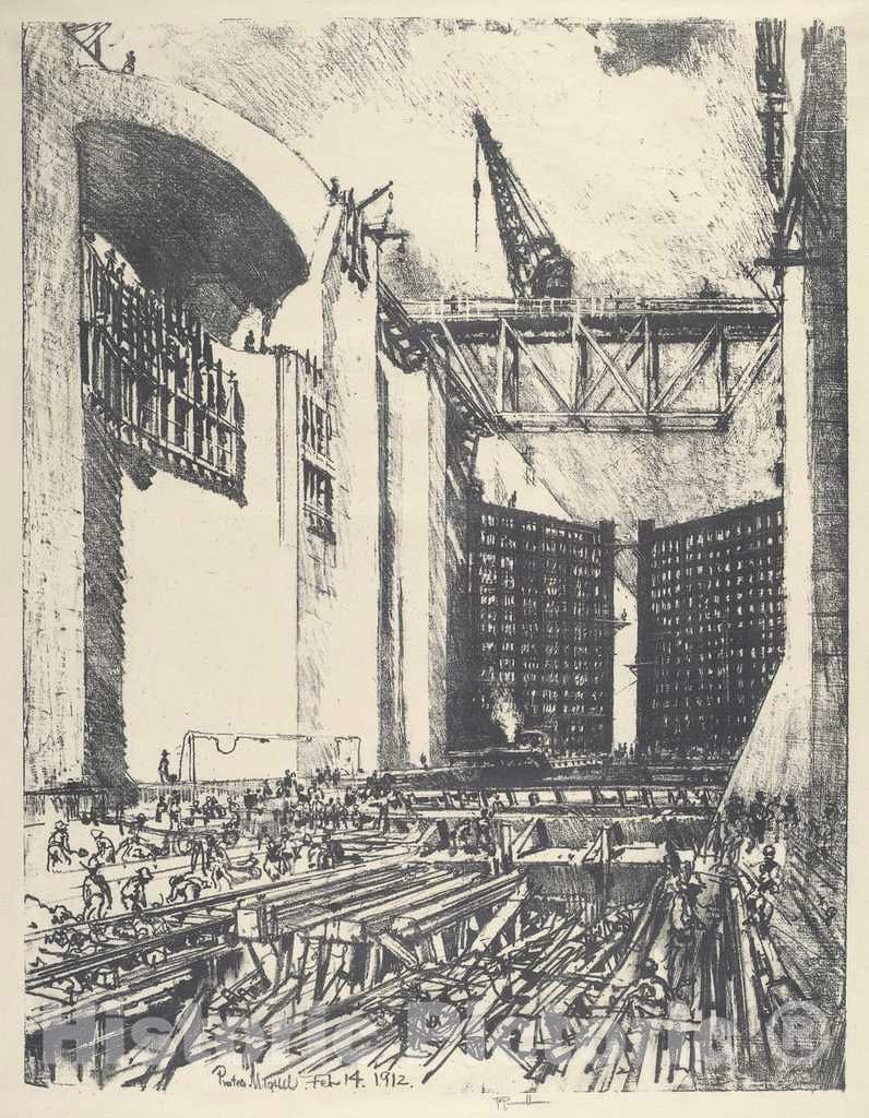 Art Print : Joseph Pennell, Laying The Floor of Pedro Muguel Lock, 1912 - Vintage Wall Art