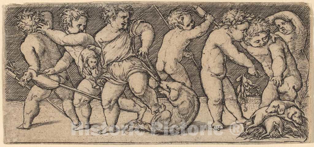 Art Print : Children Playing with a Bitch and Three Young Dogs - Vintage Wall Art