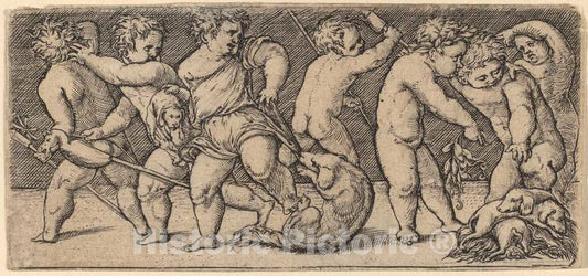 Art Print : Children Playing with a Bitch and Three Young Dogs - Vintage Wall Art