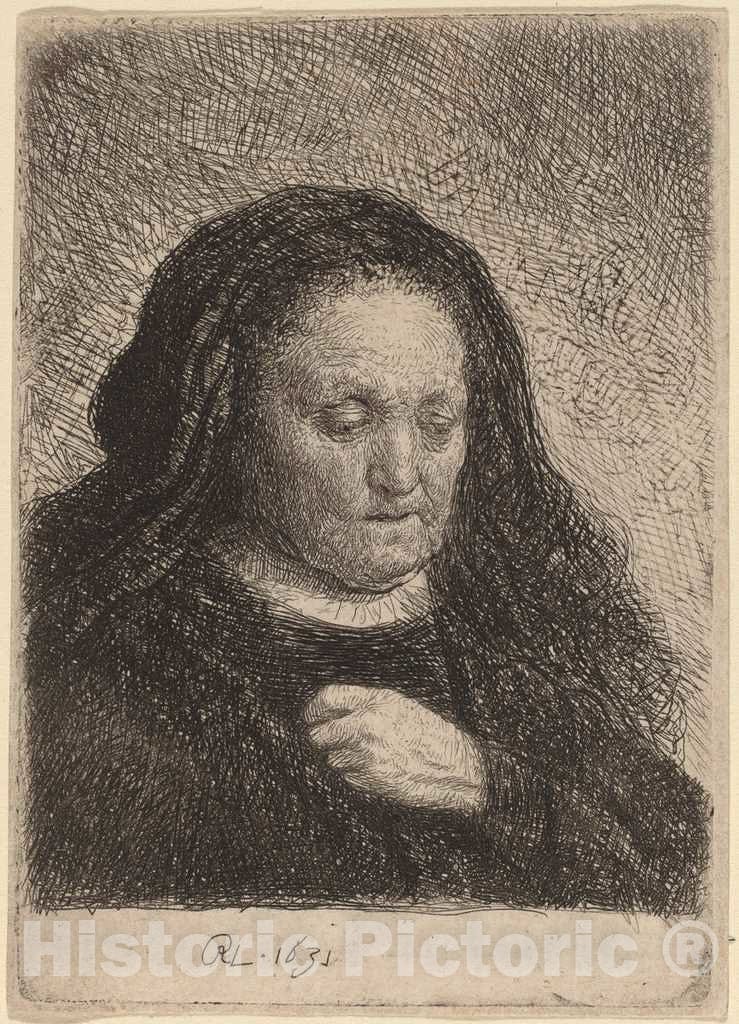 Art Print : Rembrandt, The Artist's Mother with Her Hand on Her Chest, 1631 - Vintage Wall Art