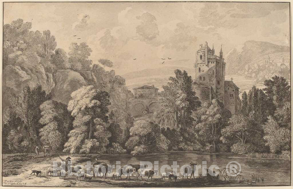 Art Print : Amstel and Brouwer After Van der Meer II, Valley with an Aged Castle, 1784 - Vintage Wall Art