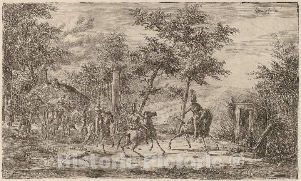 Art Print : Gerhardus Emaus de Micault, Cavalry and Hay Wagon - Vintage Wall Art