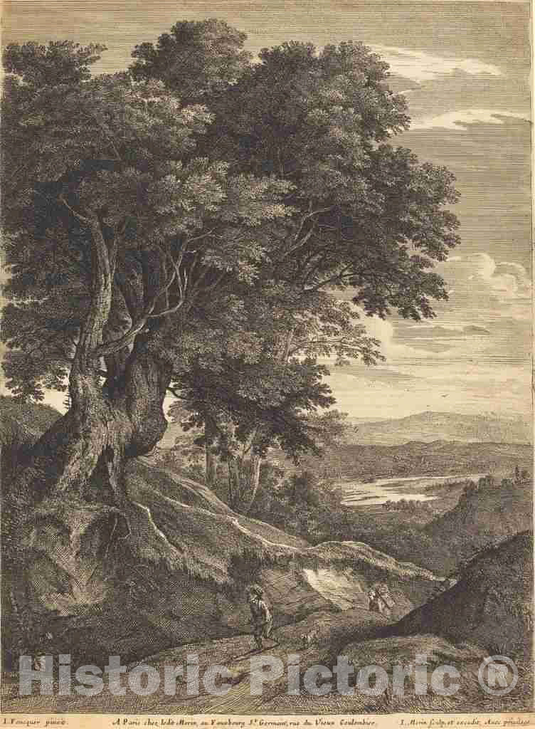 Art Print : Jean Morin, Hilly Landscape with Travelers on Foot - Vintage Wall Art
