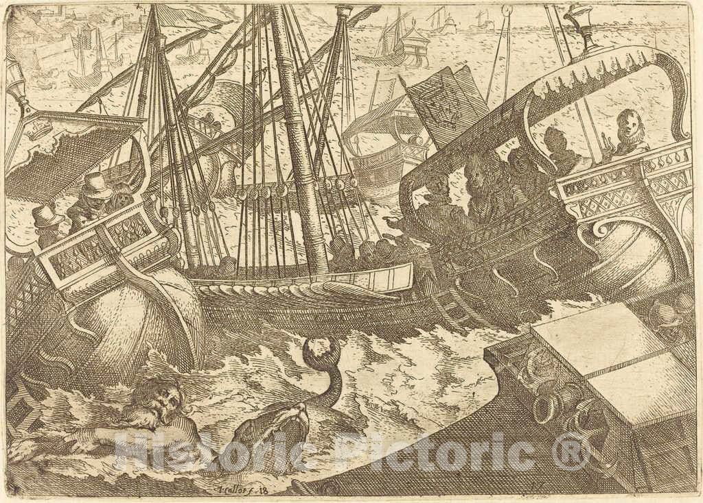 Art Print : Jacques Callot, Storm Off The Coast of Barcelona, 1612 - Vintage Wall Art
