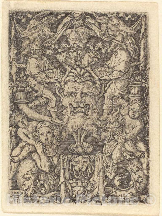Art Print : Aldegrever, Ornament with Mask, 1549 - Vintage Wall Art