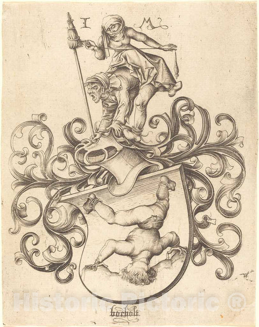 Art Print : Meckenem After Master of The Housebook, Coat of Arms with Tumbling Boy, c.1485 - Vintage Wall Art