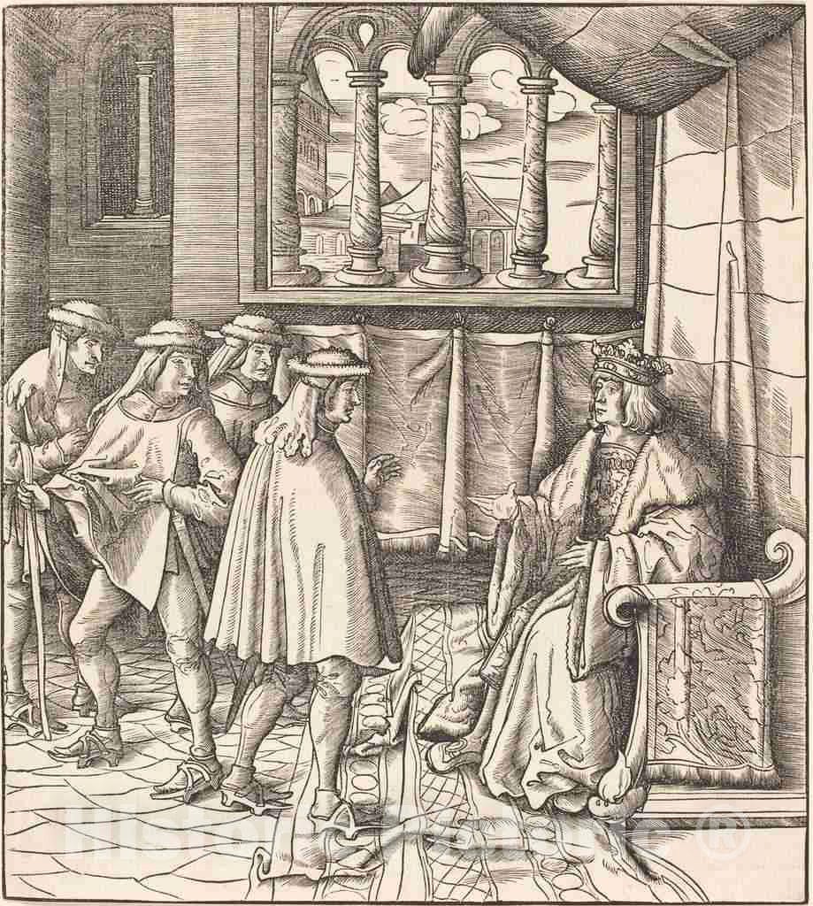 Art Print : Leonhard Beck, A King on a Throne, Before him Four Men, c.1515 - Vintage Wall Art