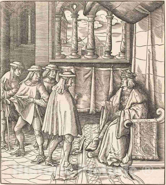 Art Print : Leonhard Beck, A King on a Throne, Before him Four Men, c.1515 - Vintage Wall Art