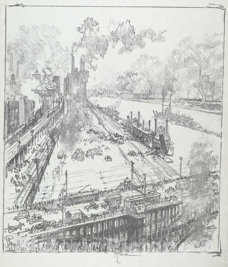 Art Print : Joseph Pennell, The Levee from EADS Bridge, St. Louis, 1919 - Vintage Wall Art