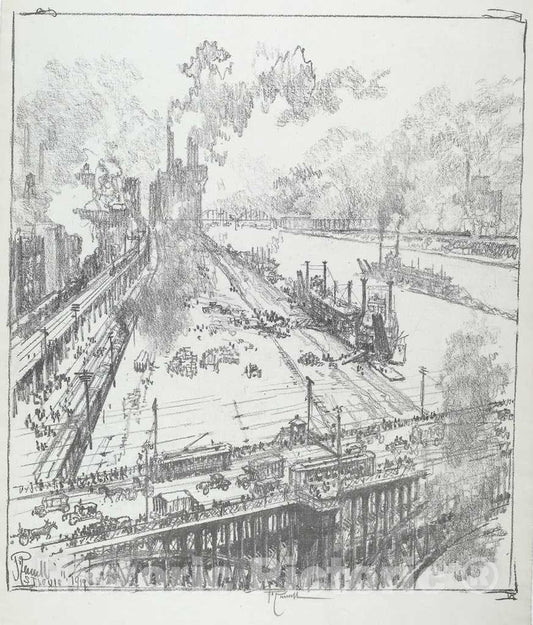 Art Print : Joseph Pennell, The Levee from EADS Bridge, St. Louis, 1919 - Vintage Wall Art