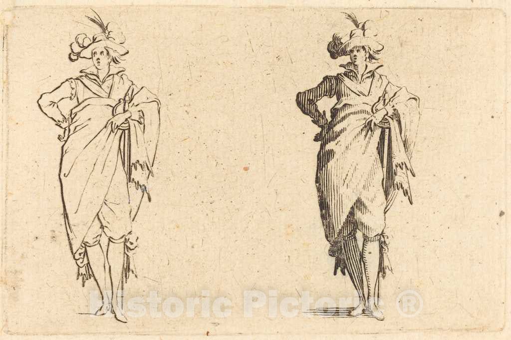 Art Print : Jacques Callot, Gentleman Viewed from The Front with Hand on Hip, c. 1622 - Vintage Wall Art