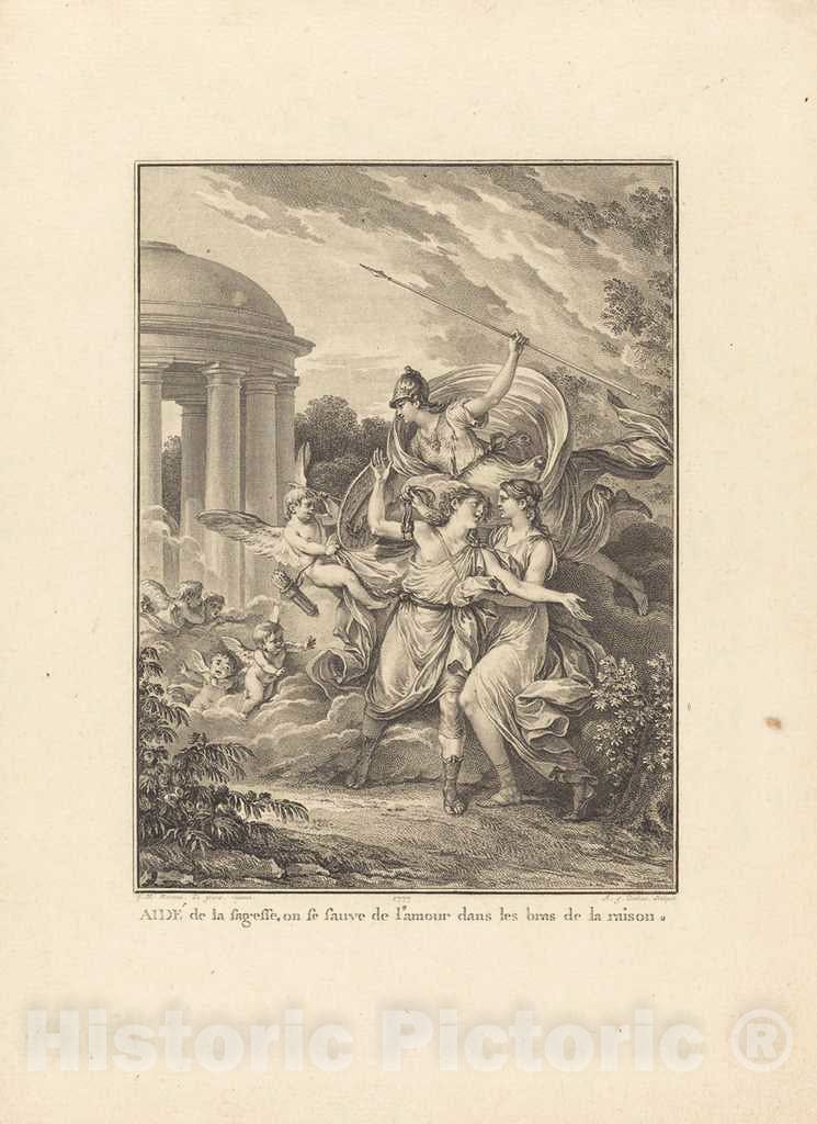 Art Print : Duclos After Michel Moreau, Frontispiece: AidÃ© de la sagesse, on se Sauve de L'Amour Dans les Bras de la raison, 1777 - Vintage Wall Art