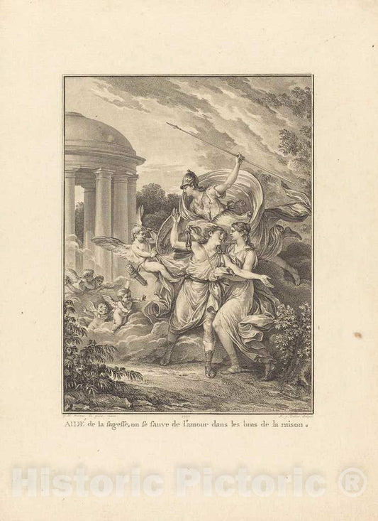 Art Print : Duclos After Michel Moreau, Frontispiece: AidÃ© de la sagesse, on se Sauve de L'Amour Dans les Bras de la raison, 1777 - Vintage Wall Art