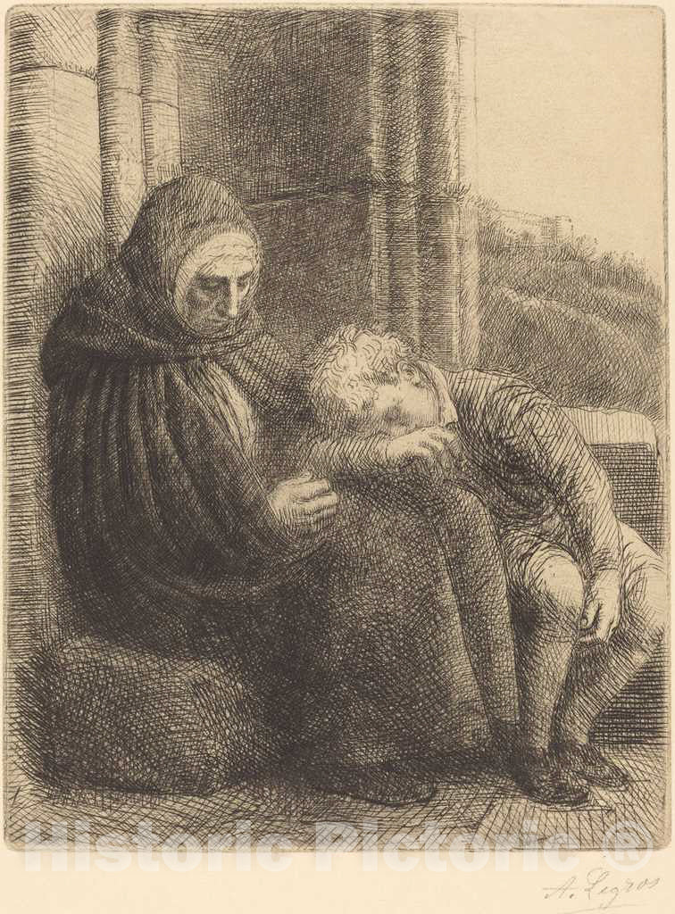 Art Print : Alphonse Legros, Woman Seated Against a Wall, Child with His Head in Her Lap (Femme assise, muraille au Fond, Enfant la Tete Dans Son Giron - Vintage Wall Art