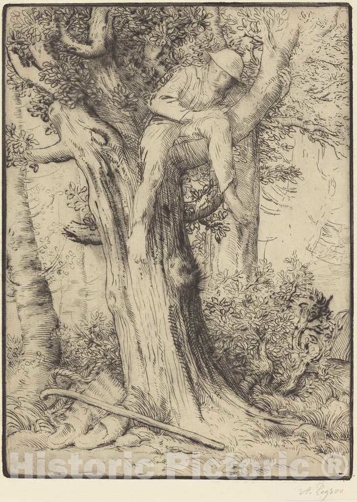 Art Print : Alphonse Legros, Landscape with a Boy in a Tree (Paysage avec un Garcon grimpe sur un arbre, dite Le denicheur d'oiseaux) - Vintage Wall Art
