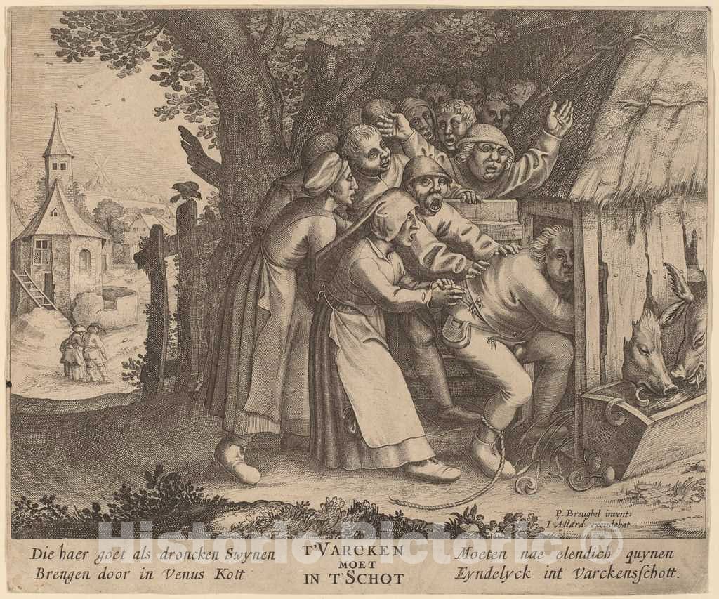 Art Print : Bruegel The Elder, The Drunkard Pushed into The Pig Sty, in or After 1568 - Vintage Wall Art