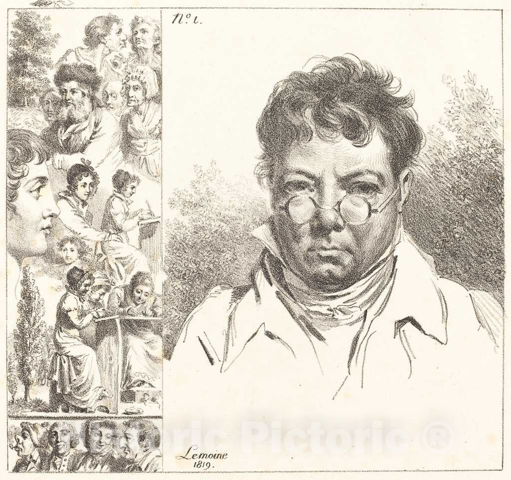 Art Print : Jacques Antoine Marie Lemoine, Self-Portrait and Other Heads, 1819 - Vintage Wall Art