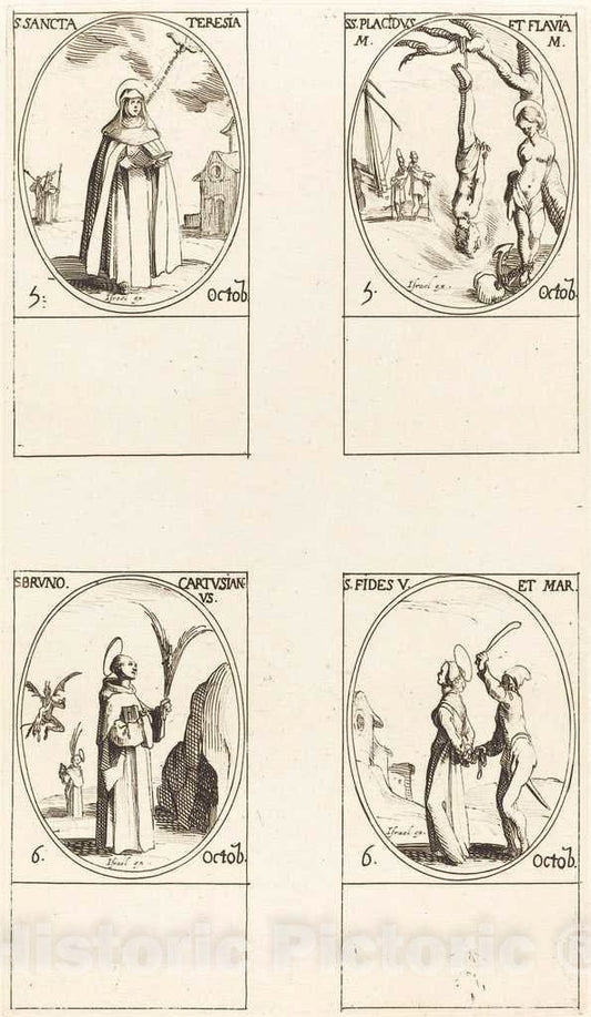 Art Print : Jacques Callot, St. Theresa; St. Placidus and Flavia; St. Bruno; St. Faith - Vintage Wall Art