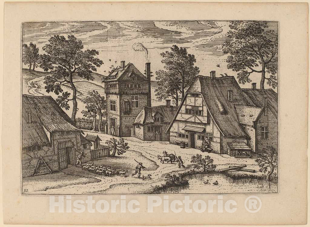 Art Print : Village with Pond, in or Before 1676 - Vintage Wall Art