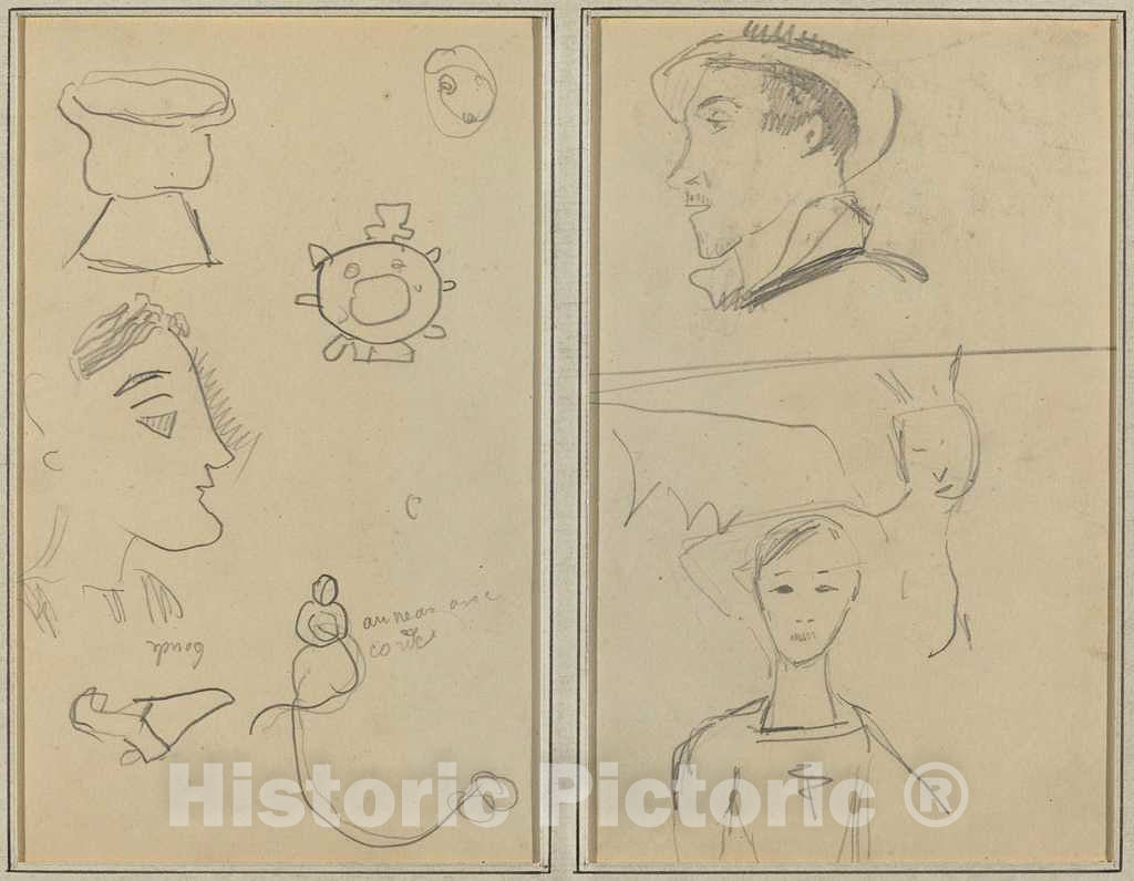 Art Print : Paul Gauguin, A Caricature and Five Forms; A Man in Profile, a Winged Creature and a Boy [Verso], 1884-1888 - Vintage Wall Art