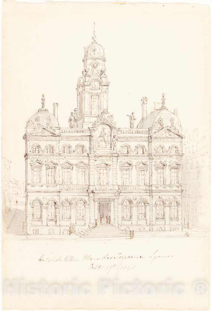 Art Print : Robert Smirke, HÃ´tel de Ville, Place des Terreaux, Lyons, 1845 - Vintage Wall Art