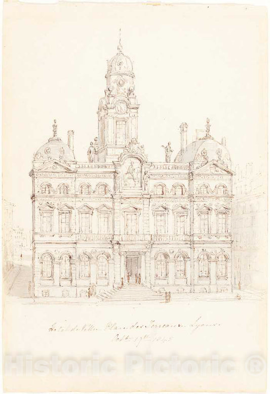 Art Print : Robert Smirke, HÃ´tel de Ville, Place des Terreaux, Lyons, 1845 - Vintage Wall Art