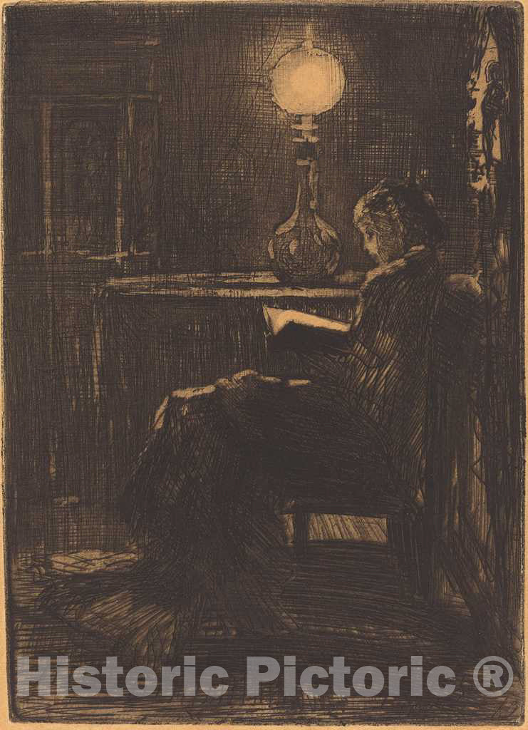 Art Print : FÃ©lix-Hilaire Buhot, Liseuse Ã  la Lampe (Woman Reading by Lamplight), 1879 - Vintage Wall Art