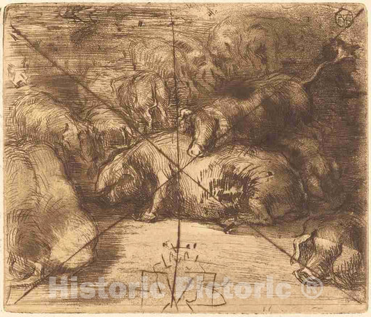 Art Print : FÃ©lix-Hilaire Buhot, Cochons au Soleil (Pigs in The Sun) - Vintage Wall Art