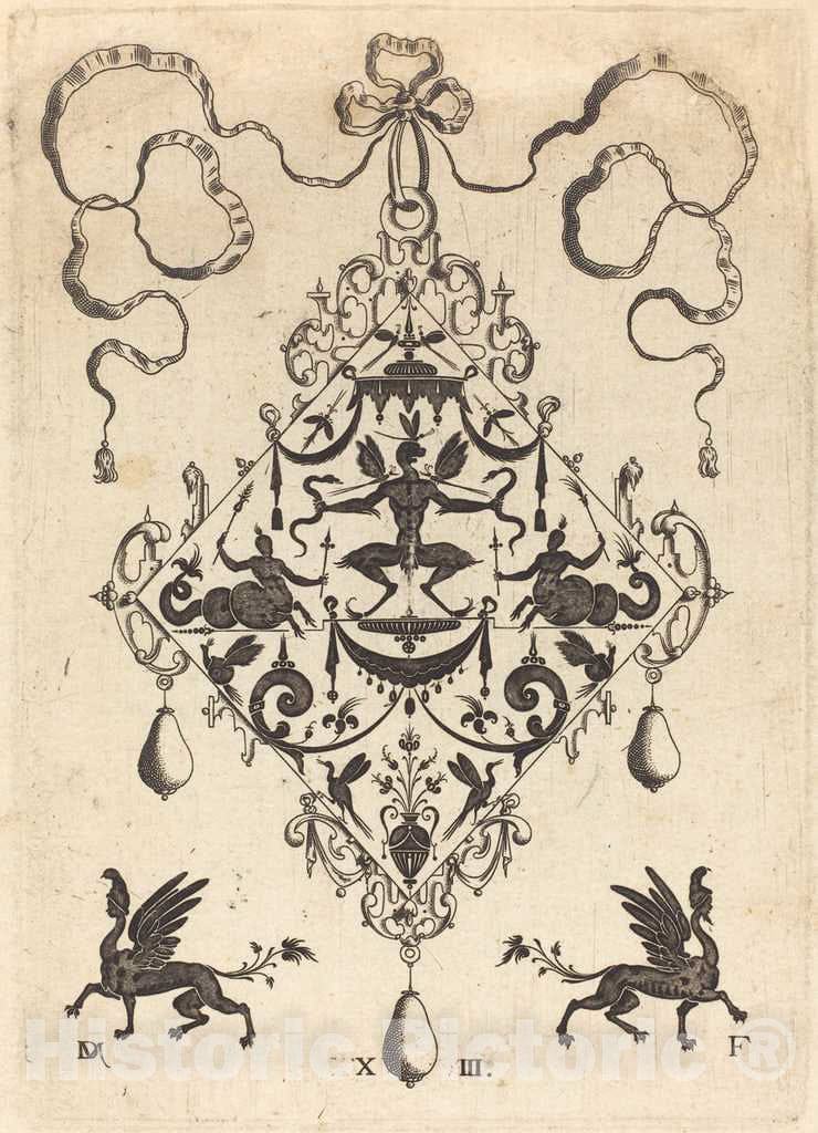 Art Print : Daniel Mignot, Large Pendant, Winged Fantasy Creature Holding Two Snakes, 1596 - Vintage Wall Art