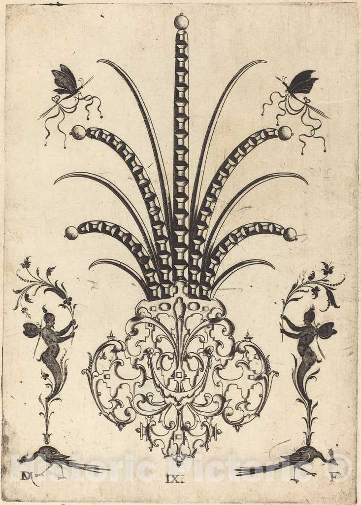 Art Print : Daniel Mignot, Brooch with Table-Stones, Butterflies at Top, and Peacocks and Hermes at Bottom, 1596 - Vintage Wall Art