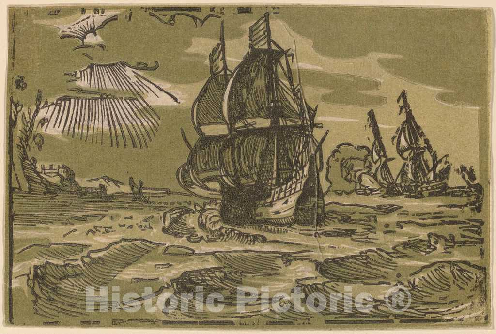 Art Print : Hendrik Goltzius, Seascape with Two Sailing Vessels - Vintage Wall Art