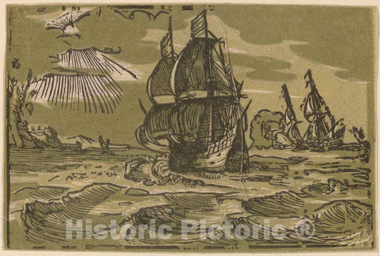 Art Print : Hendrik Goltzius, Seascape with Two Sailing Vessels - Vintage Wall Art