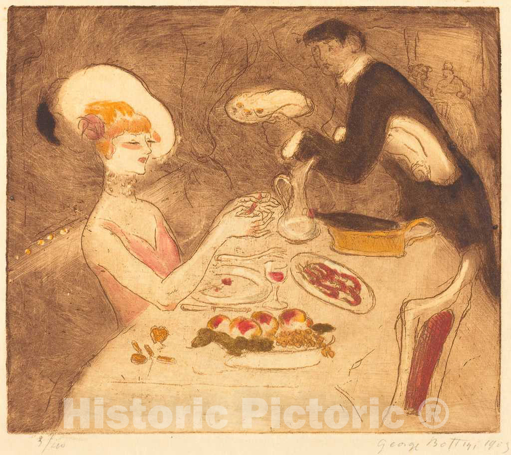 Art Print : Georges Bottini, Woman Having Supper, 1903 - Vintage Wall Art