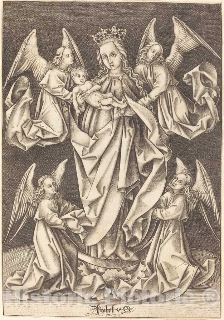 Art Print : Israhel Van Meckenem, The Madonna and Child on The Crescent Supported by Four Angels, c.1495 - Vintage Wall Art