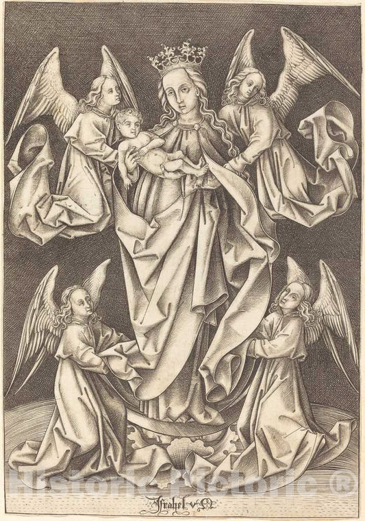 Art Print : Israhel Van Meckenem, The Madonna and Child on The Crescent Supported by Four Angels, c.1495 - Vintage Wall Art