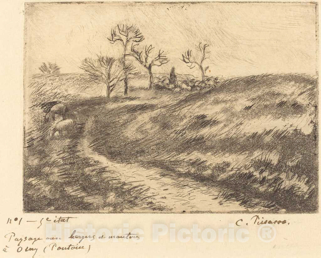 Art Print : Camille Pissarro, Paysage avec Berger et moutons a Osny (Pontoise), 1883 - Vintage Wall Art