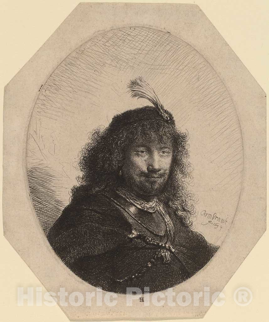 Art Print : Rembrandt, Self-Portrait (?) with Plumed Cap and Lowered Sabre, 1634 - Vintage Wall Art