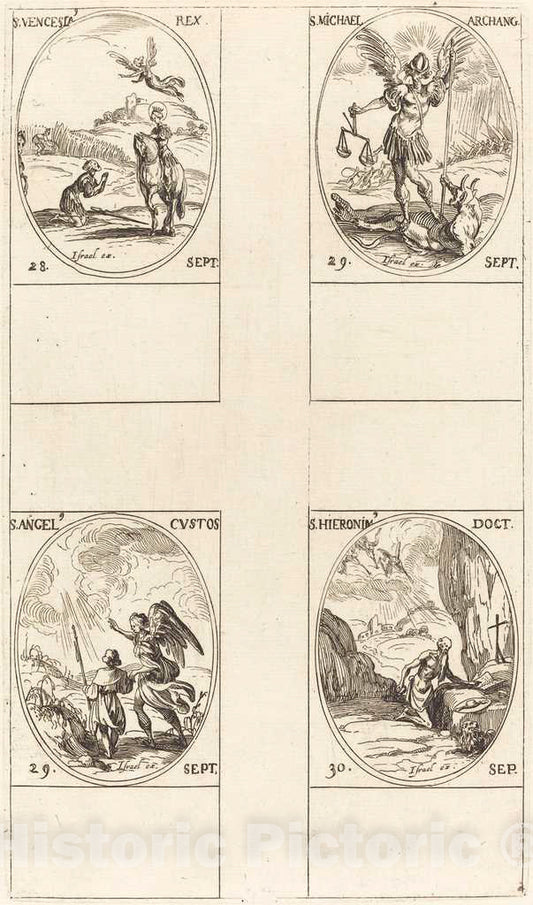 Art Print : Jacques Callot, St. Wenceslas; St. Michael, Archangel; The Guardian Angel; St. Jerome - Vintage Wall Art